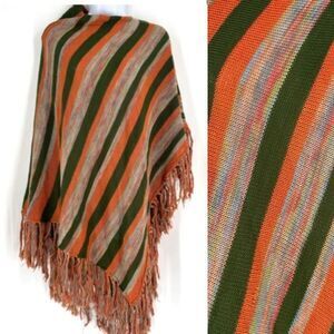 Vintage Suss Women's‎ Tonal Stripe Fringe Poncho Sweater colorful One Size